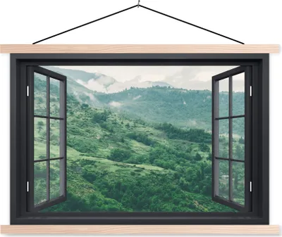 Produktbild von MuchoWow® Textilposter Aussicht - Berg - Baum 120x80 cm mit holzfarbenen Rahmen - Aufhängeset
