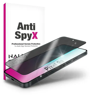 A screen protector for a Google Pixel 9a phone is shown on top of the phone, with its packaging in the background.