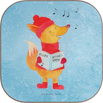 Produktbild von Mr. & Mrs. Panda Tassenuntersetzer Fuchs Sänger - Eisblau - Geschenk, Tischuntersetzer, Winter, Untersetzer für Gläser, Coaster, Weihnachtslieder, Singen, Weihnachten