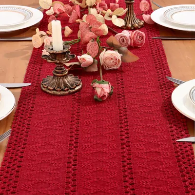 Immagine prodotto di Runner da tavolo in macramè, colore rosso, 30x240 cm, in cotone, stile rustico/bohémien, decorazione per la cucina