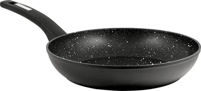 A black frying pan with a speckled interior and a black handle, shown against a white background.