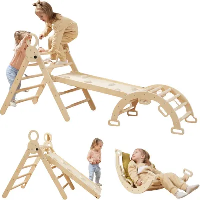 A collage of images showing children playing on a wooden climbing structure, including a slide, climbing arch, and rocking chair.