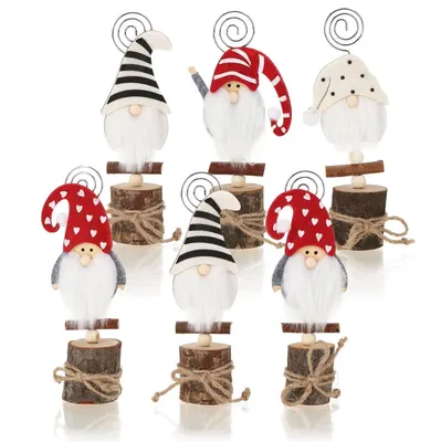 Productafbeelding van Kabouter Kaarthouders - Houten Clips - Tafel Decoratie - Set van 6 stuks - 16 cm Hoog - Mix Rood Wit