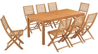 Image de Ensemble de table et chaises en eucalyptuspour 8 personnes : table de jardin de 180x90 cm + 8 chaises pliantes avec accoudoirs