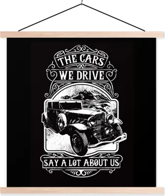 Produktbild von MuchoWow® Textilposter Mancave - Auto - Retro - Schwarz - Weiß 120x120 cm mit holzfarbenen Rahmen - Textil-Poster