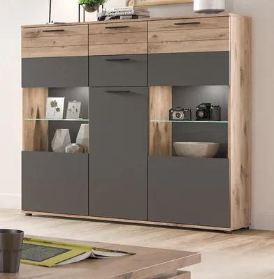 Produktbild von Highboard "Tomaso" Eiche und grau Wohn- und Esszimmer 140 cm mit Soft-Close und LED