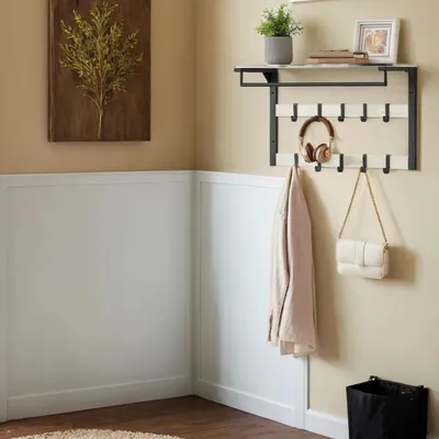 Produktbild von Wandgarderobe - Wandregal mit Ablage - 10 abnehmbaren Haken - 2 Garderobenleisten - Kleiderstange - Wandmontage - Weiß