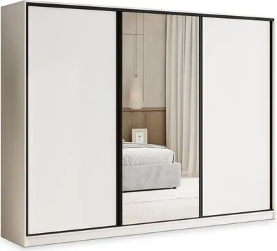 Produktbild von Masseno Schiebetürenschrank TARI 250/205/58 cm Kleiderschrank mit 4 Schubladen Schlafzimmer Schrank 3-türig mit Spiegel Weiß