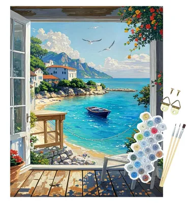 Image de Kit de peinture par numéros pour adultes, paysage avec vue sur une fenêtre et la mer, dimensions 40 x 50 cm, comprenant des peintures acryliques, une toile et des pinceaux