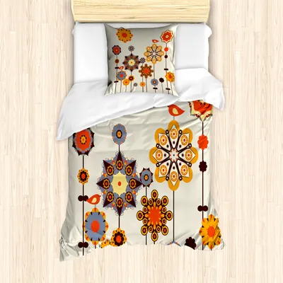 Produktbild von ABAKUHAUS Blumen Bettbezug Set für Einzelbetten, Östliches Blumenmuster Art, Milbensicher Allergiker geeignet mit Kissenbezug, Eierschalenfarben und Mehrfarbig