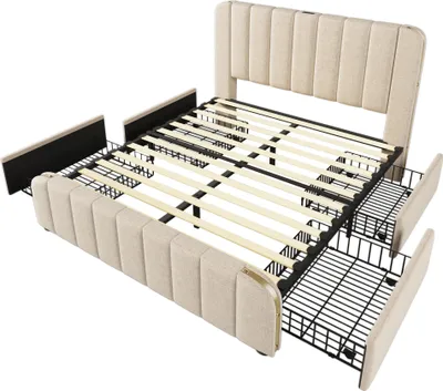 Produktbild von Flieks Polsterbett 140x200cm mit Ladefunktion (USB, Typ-C), Doppelbett Stauraumbett mit 4 Schubladen, Jugendbett Funktionsbett, Leinen, Beige