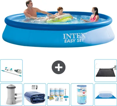 Produktbild von Intex runder aufblasbarer Easy Set-Schwimmpool – 366 x 76 cm – Blau – inklusive Pumpe Sonnensegel - Wartungspaket - Filter - Bodenplane - Staubsauger - Solarmatte