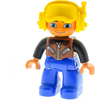Produktbild von 1x Lego Duplo Figur Mann blau Weste Basecap gelb Headset Augen oval 47394pb157a