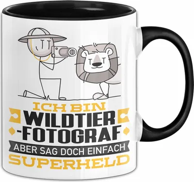 Produktbild von Wildtierfotograf Geschenk Tasse Ich Bin Wildtierfotograf Aber Sag Doch Einfach Superheld Lustige Geschenkdiee für Wildtierfotograf Kaffee-Becher (Schwarz)