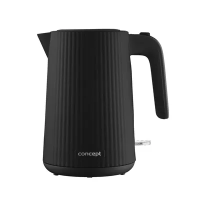 A black electric kettle with a ribbed design is shown against a white background.