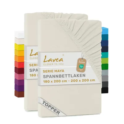 Produktbild von Lavea® 2er Topper Spannbettlaken 180x200cm - 200x200cm, Bettlaken 100% Baumwolle Jersey, mit Rundumgummizug, für Matratzen bis 12 cm Höhe, weich, formstabil, langlebig, Creme Naturweiß