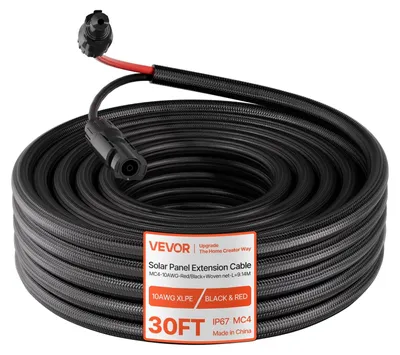 Obrázek produktu pro VEVOR Solární prodlužovací kabel 9,14 m, 10 AWG, solární prodlužovací kabel s nehořlavým ochranným pláštěm, samice a samec konektory, IP67, PV kabel, pro auto, karavan, černý a červený
