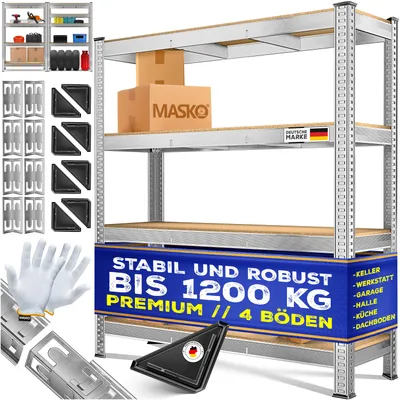 Produktbild von MASKO® Schwerlastregal Lagerregal Kellerregal 180x90x60cm verstellbare Ablagen MDF-Platten Werkstatt-Regal aus Metall Steckregal Stahlgestell Werkbank
