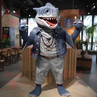 Productafbeelding van Grijs Megalodon mascotte REDBROKOLY kostuum karakter gekleed met een spijkerbroek en sjaalspelden