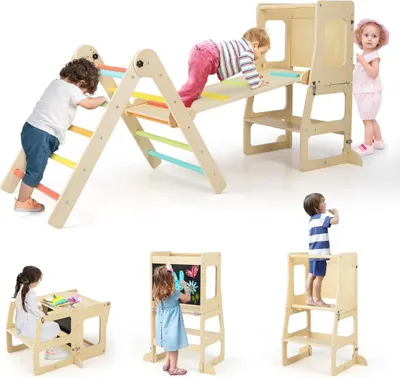 Immagine prodotto di Triangolo di arrampicata con scivolo 7 in 1 struttura di arrampicata indoor per bambini dai 3 anni multicolore + naturale