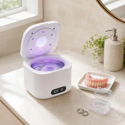 Productafbeelding van Ultrasoon reiniger 49 kHz met UV-licht, 340 ml – geschikt voor beugels, retainers en sieraden