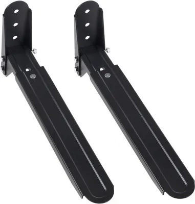 Two black metal brackets for mounting appliances.