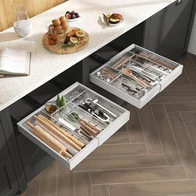 Produktbild von PolkaHome® 2er Set Ausziehbare Teleskopschublade Organizer Küchenschrank Aufbewahrung, verstellbar 32-52 cm, mit Klebeband, Weiß