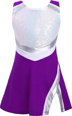 A child's sleeveless cheerleading costume with a purple skirt and a white sequined top, accented with silver.