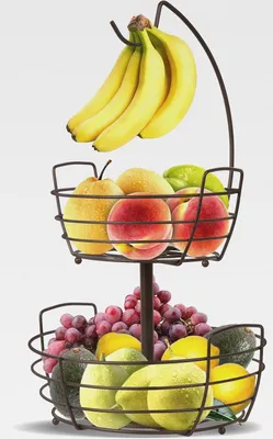 Produktbild von 2 Stöckig Obstkorb mit Bananenhalter - Küche Obststaender für die Arbeitsfläche - Metall Obstschalen für Obst und Gemüse - Bronze