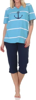 Produktbild von Maritimer Damen kurzarm Capri Schlafanzug Shorty mit Anker Motiv - auch in Übergröße ; hellblau , 40