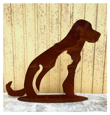 Produktbild von Gartenfigur sitzender Hund mit Katze 50x58cm auf Platte Silhouette Edelrost Gartendeko
