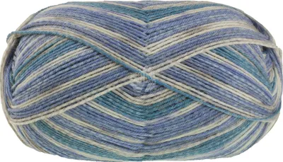 A ball of yarn with multiple colored stripes.