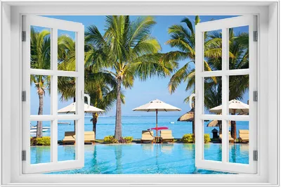Produktbild von Wallario Wandbild mit Fenster-Illusion: Sonnenschirme am Südsee-Palmenstrand mit blauem Meer-Wasser, Größe: 61 x 91,5 cm, Poster mit weißem Aluminiumrahmen