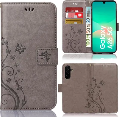 A collage of images showing a grey flip phone case with a floral pattern, a phone inside the case, and credit cards.