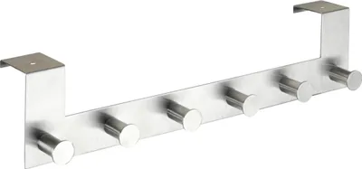 A silver metal over-the-door hook rack with six hooks.
