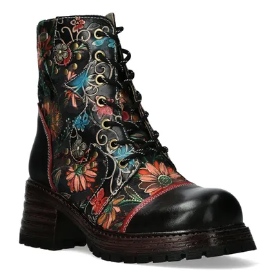 Produktbild von LAURA VITA Stiefelette Kleo 02 noir Leder-Textilmix schwarz bunt mit leichtem Plateau+Blockabsatz Reissverschluss + Schnürung Grösse 42 EU Leder innen