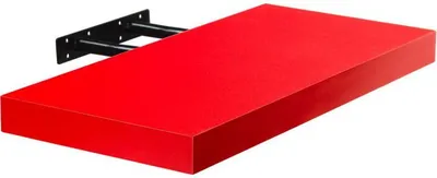 A red floating shelf mounted on black brackets against a white background.