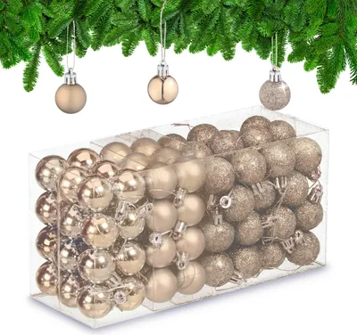 Image de Lot de 96 boules de Noël Relaxdays, boules scintillantes, mates et brillantes, décorations pour sapin de Noël, plastique, couleur champagne