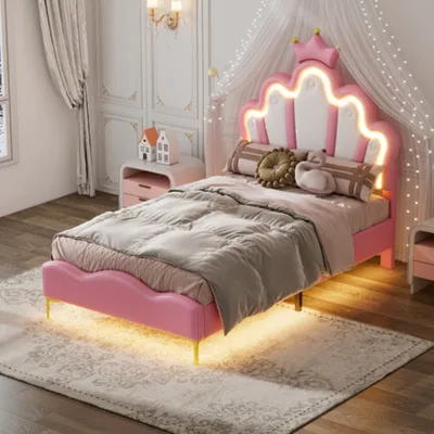Produktbild von Kinderbett 90*200cm,kronenförmiges bett mit erstellbarer LED-Umgebungslichtstreifen, Rosa