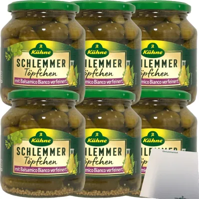 Produktbild von Kühne Schlemmertöpfchen Mild-Würzige extra knackige Cornichons mit Balsamico Bianco verfeinert 6er Pack (6x300g Glas) + usy Block