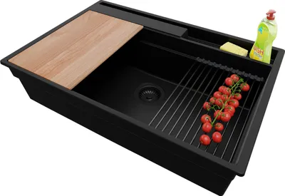 Produktbild von PRIMAGRAN Spülbecken Alles Schwarz 78x53cm, Granitspüle 1 Becken + Ablauf-Set + Küchenzubehörset, Küchenspüle ab 80er Unterschrank - Oslo Pocket