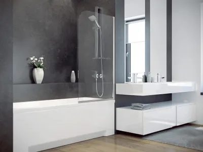 Produktbild von Badewanne MODERN 170x70 mit Füßen, mit Siphon und Schürze (1x kurz, 1x lang - zwei Seiten) mit Dushwand- 140x70 chrom