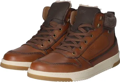 A pair of brown leather winter boots.