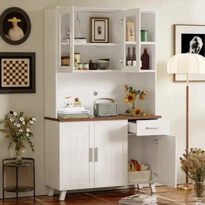Productafbeelding van Dressoir - Witte Houtnerf - Hoge Kast - 114x40x190 cm - Spaanplaat - Voor Woonkamer En Eetkamer