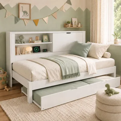 Immagine prodotto di Divano letto Fliek 90x200 cm con letto estraibile, letto singolo per ragazzi con USB e Type-C, letto in legno per bambini con spazio contenitore, bianco