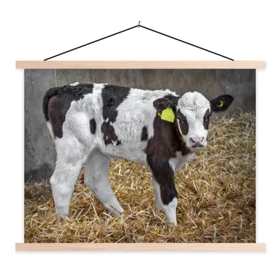 Produktbild von MuchoWow® Textilposter Kuh - Stroh - Kalb - Tiere 150x113 cm mit holzfarbenen Rahmen - Poster