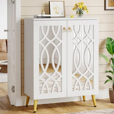 Image de Armoire à chaussures, 5 étagères, blanche, en MDF, avec miroirs, capacité pour 25 paires