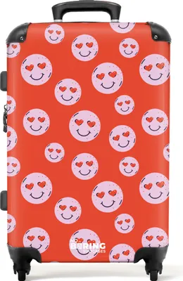Produktbild von NoBoringSuitcases.com® Großer Koffer - Rot mit rosa Smileys - Kombinationsschloss TSA - Hartschalen Trolley 4 Rollen - 72 liter - Reisekoffer - 66 cmKoffer Mittelgroß 67x43x25 cm, 72L,