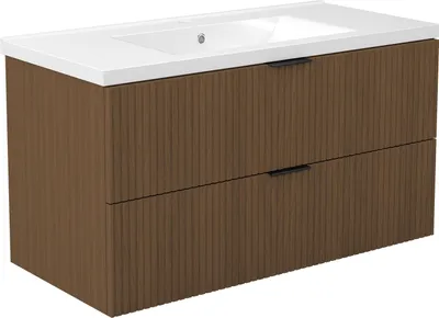 Image de Acezanble Ensemble Meuble salle de Bain Noyer Suspendu avec Vasque Céramique, 99cm