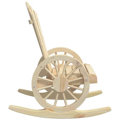 A side view of a wooden rocking chair designed to look like a wagon wheel.